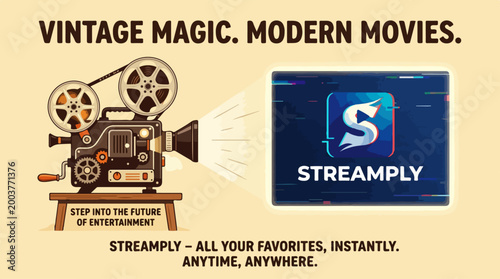 Vintage Film Projector Displaying Modern Digital Streaming Media Service Logo.