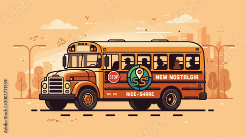 Vintage yellow school bus illustration in a flat artistic style.