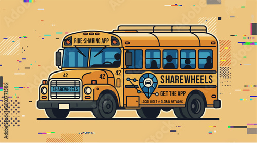 Yellow School Bus Illustration Representing Modern Rideshare App Service.