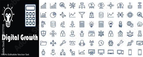 Digital Growth business icon set, 60 financial and marketing line icons, editable vector collection for data analysis and corporate strategy