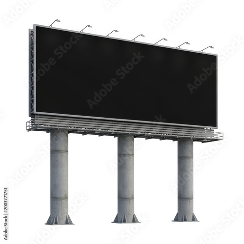 Blank black billboard on three concrete pillars isolated on transparent background