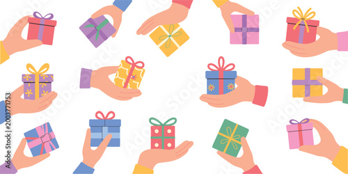 Hands holding gift boxes vector set, colorful presents collection, holiday celebration concept, flat design illustration