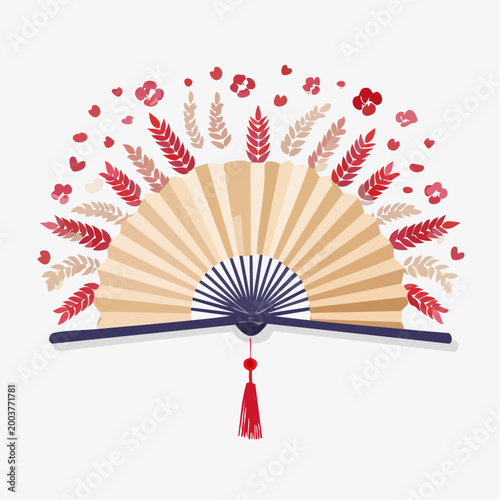 Traditional Japanese Fan with Floral and Leafy Decorations