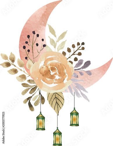 Foto Watercolor crescent moon with floral arrangement and lanterns