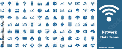 Network data icons set, blue technology business symbols for analytics and connectivity, 100 editable vector icons for digital infrastructure