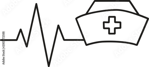 Nurse Cap and Heartbeat Line Art Medical Icon