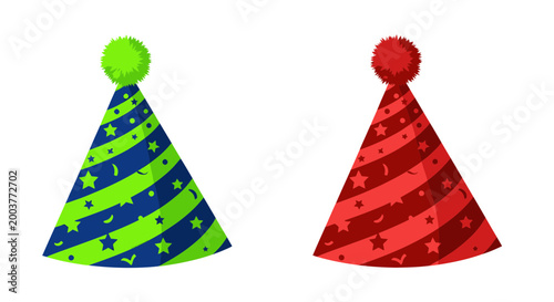 Birthday Party Hats - Green and Red with Pom-Poms and Stars