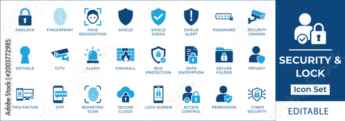 Tableau sur toile Security and lock icon set featuring biometric face recognition, fingerprint scan, data encryption, cybersecurity, two-factor authentication, privacy, and firewall protection