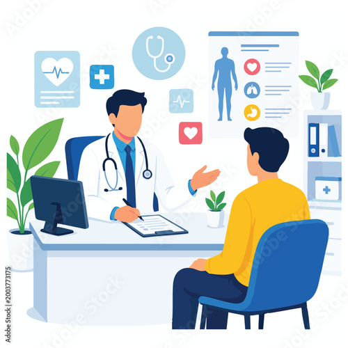 faceless doctor consultation flat vector illustration, modern medical clinic scene