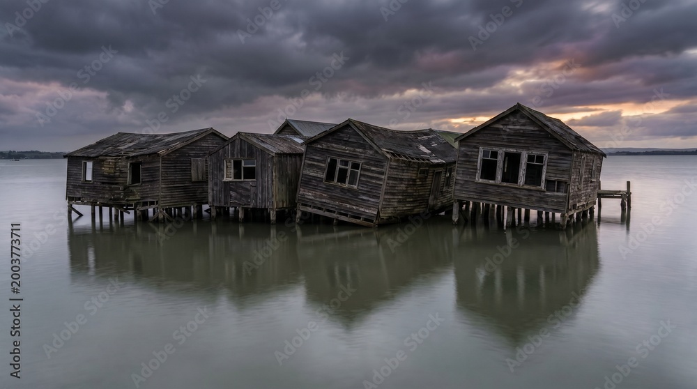 Obraz premium Dilapidated wooden huts on stilts stand precariously in calm water under a dramatic, cloudy sky.