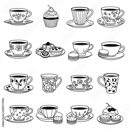 Hand-Drawn Coffee Cups, Teacups, and Pastries Collection - Black and White Sketch