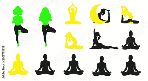 Yoga Poses Silhouettes: Diverse Figures in Green, Yellow, and Black