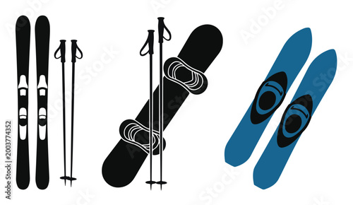 Set of winter skiing and snowboarding equipment vector icons isolated on white background.