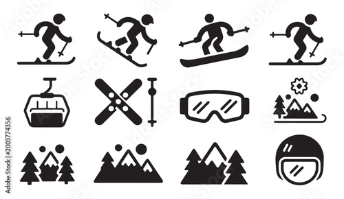 Winter sports icons set featuring skiing snowboarding mountains and ski lift vector art.