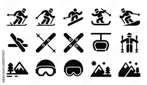 Winter sports set with skiing snowboarding and mountain lift icons for ski resort design.