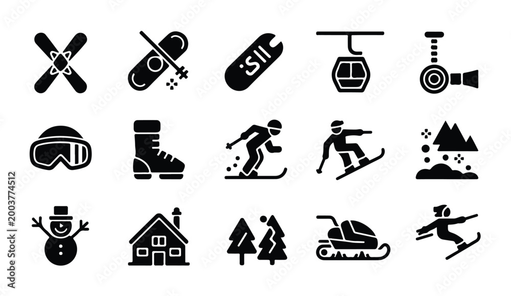 Fototapeta premium Set of winter ski icons featuring sports equipment resort facilities and snowy activities.