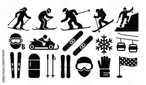 Winter recreation icons set featuring skiing snowboarding gear and mountain resort elements.