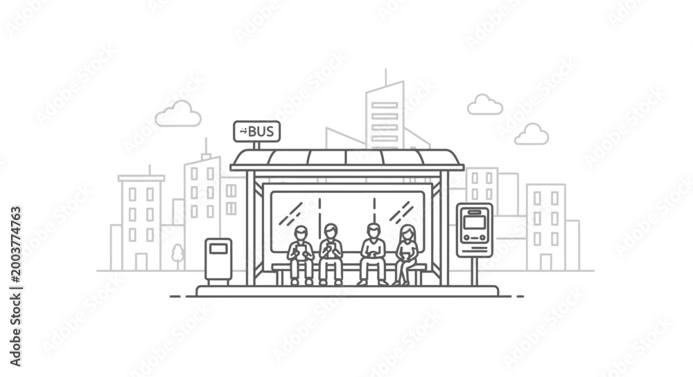 Naklejka premium Line drawing of a city bus stop with people waiting and buildings in the background under a cloudy sky.