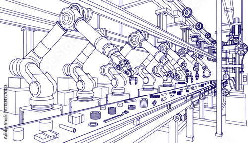 illustration of multiple robots working together on an industrial assembly line