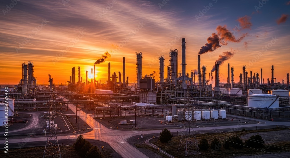 Fototapeta premium A large oil refinery complex dominates the landscape during a vibrant sunset.