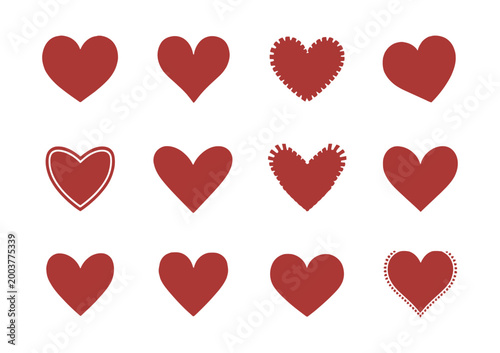 Set of solid red hearts with various textures and styles isolated on transparent background for romantic card graphic element.