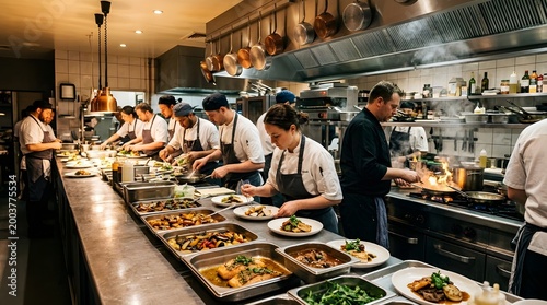 A bustling restaurant kitchen with chefs preparing a variety of dishes at a long serving counter, with food displayed in chafing dishes and plates being arranged