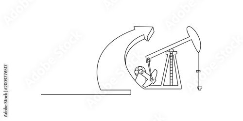 A line drawing of an oil pump jack in operation with a large arrow