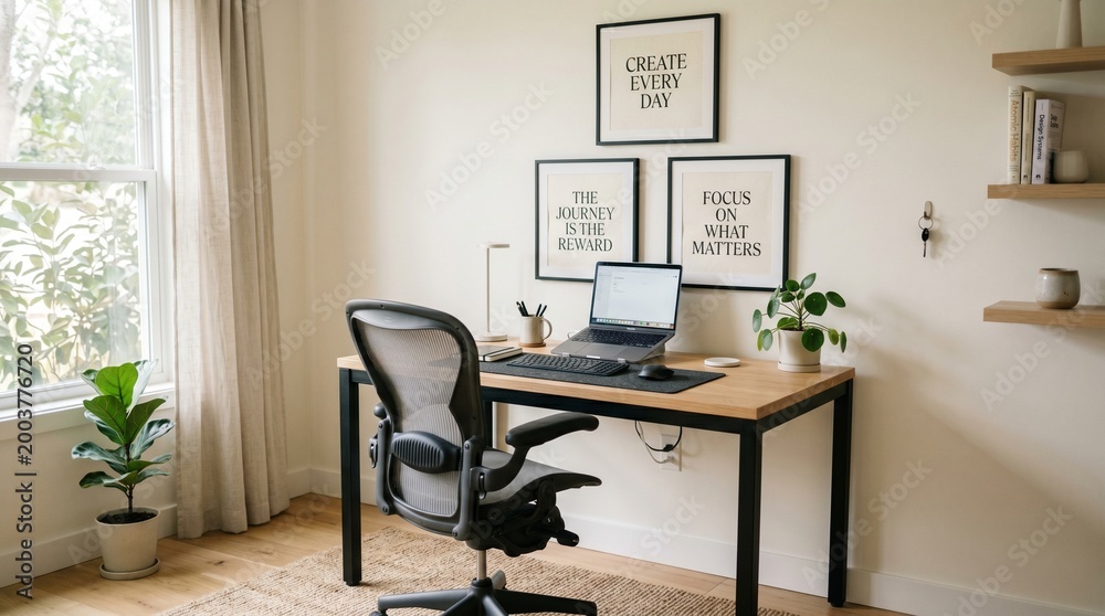 Fototapeta premium Modern home office workspace with laptop and inspirational quotes on wall