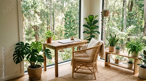 Cozy home office with plants and natural light wooden desk chair