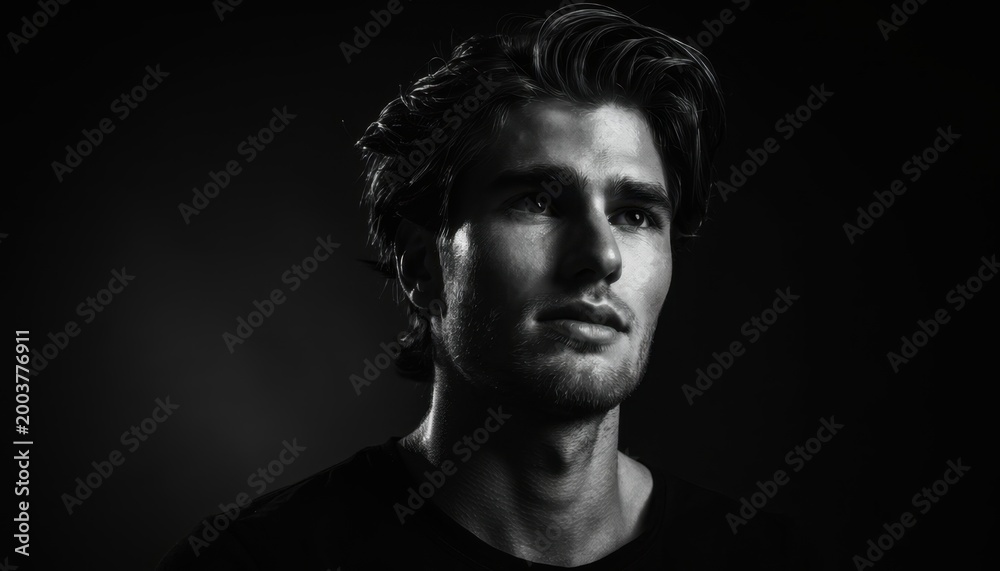 Fototapeta premium Male Portrait with Dramatic Lighting: A striking black and white portrait of a young man, his face illuminated by dramatic lighting, conveying a sense of intensity and contemplation.