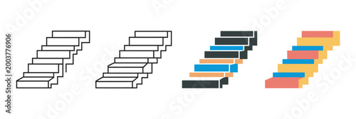 Minimalist stairs icons with transparent background illustrating step by step progress ascent improvement and development concepts for UI design systems and vector illustration.