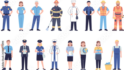 Professional workers vector illustration set, different occupations characters, police doctor firefighter engineer service staff flat design collection