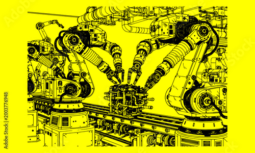 illustration of multiple robots working together on an industrial assembly line