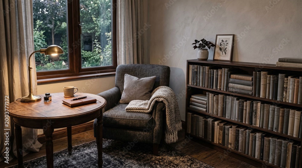 Fototapeta premium Cozy reading nook with armchair wooden table lamp bookshelf