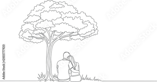 Romantic couple sits together affectionately under a large tree drawn in a continuous line art style to represent love and peace in a minimalist design