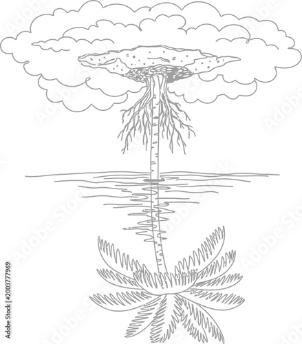 A unique illustration depicts a tree with its roots in a cloud and its trunk submerged in water, reflecting a full canopy below the surface.