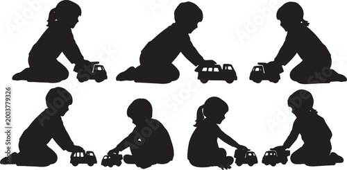 Tableau sur toile Kids Playing with Toy Cars and Trucks