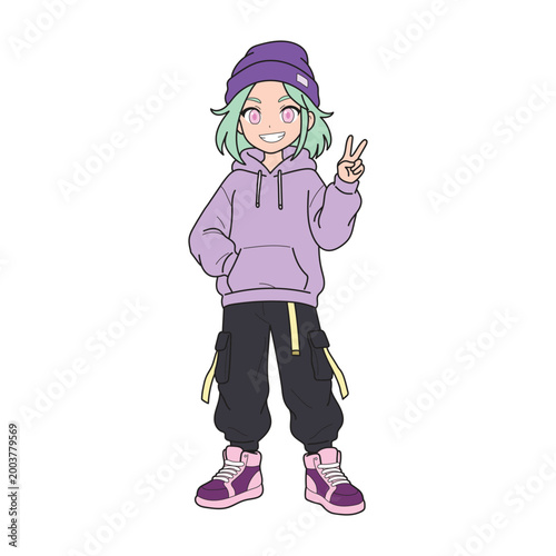 Cute anime girl in purple hoodie showing peace sign with cheerful expression