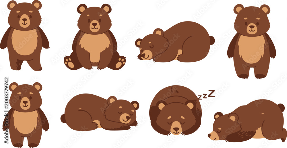 Fototapeta premium Cartoon brown bear in various sleeping poses Vector