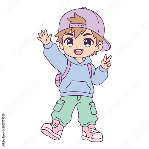 Happy anime boy with backpack waving and showing peace sign in cute style