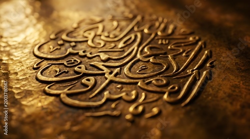 Extreme macro of embossed Arabic calligraphy on aged hammered brass with dramatic raking sidelight revealing metalwork depth and texture. Abstract Islamic art concept for luxury brand backgrounds.