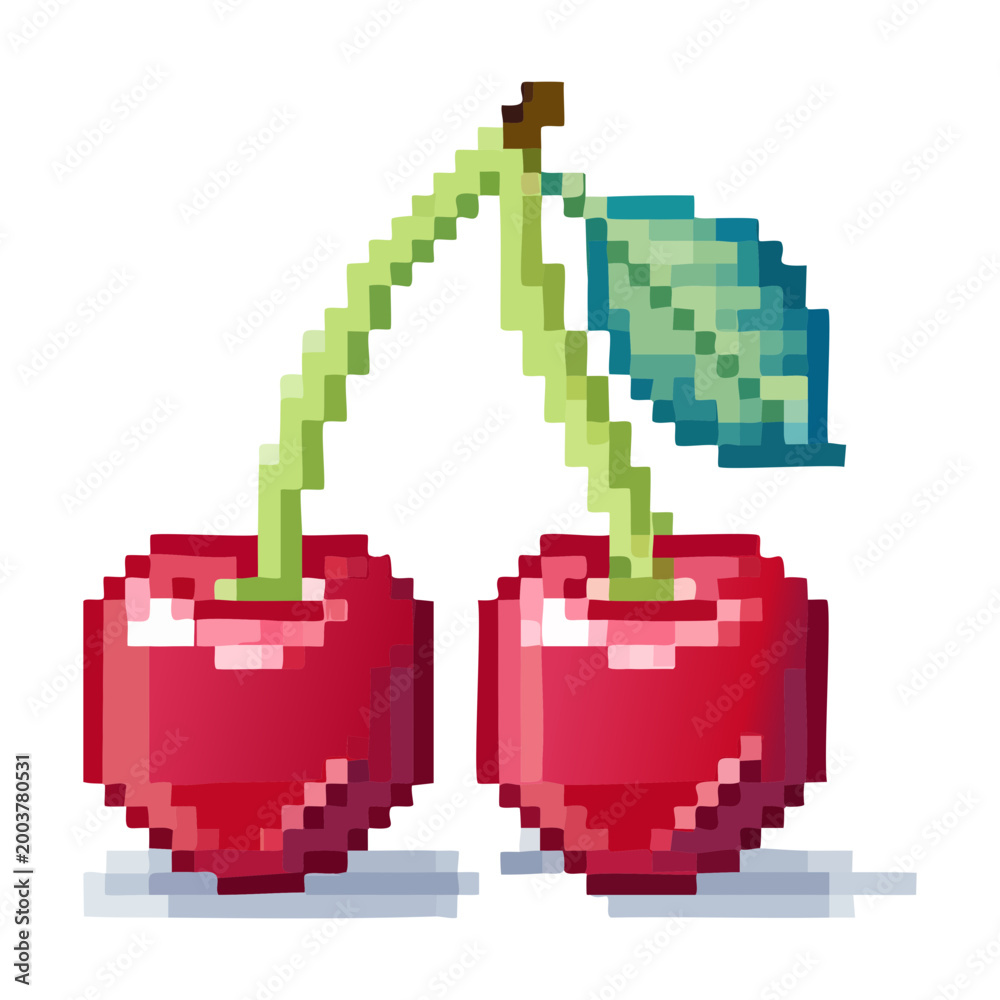 Fototapeta premium Pair of ripe red cherries with green leaves pixel art illustration for fruit games or food digital design and art project assets creation