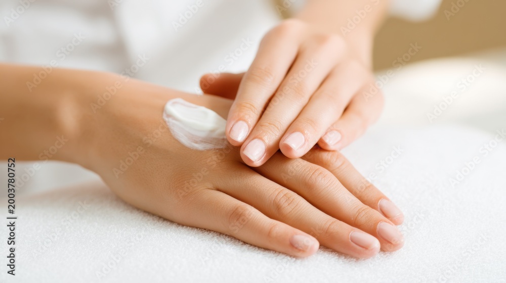 Fototapeta premium A close-up view of a person's hand applying cream, showcasing smooth skin and careful application