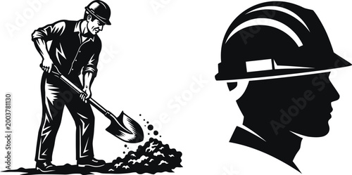 Miner digging and profile of a miner in a helmet