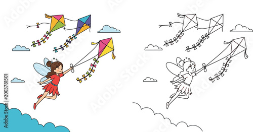 Cute Fairy Flying with Kites Coloring Page Vector Illustration