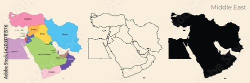 Quadro su tela Middle East Map Vector Set with Colorful Political Map, Outline, and Black Silhouette