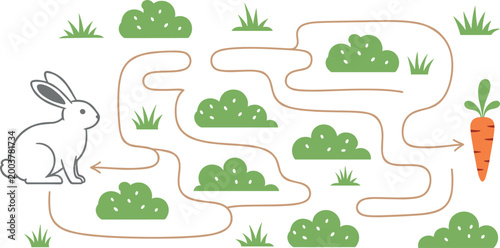 Rabbit maze puzzle game with carrot target for kids educational activity featuring cute animal and garden path vector illustration