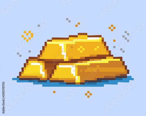 Valokuva Pile of three gold bars pixel art for treasure collection and wealth status icon