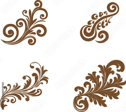 Creative Abstract  Dark Brown Flourish Curl Vector Set