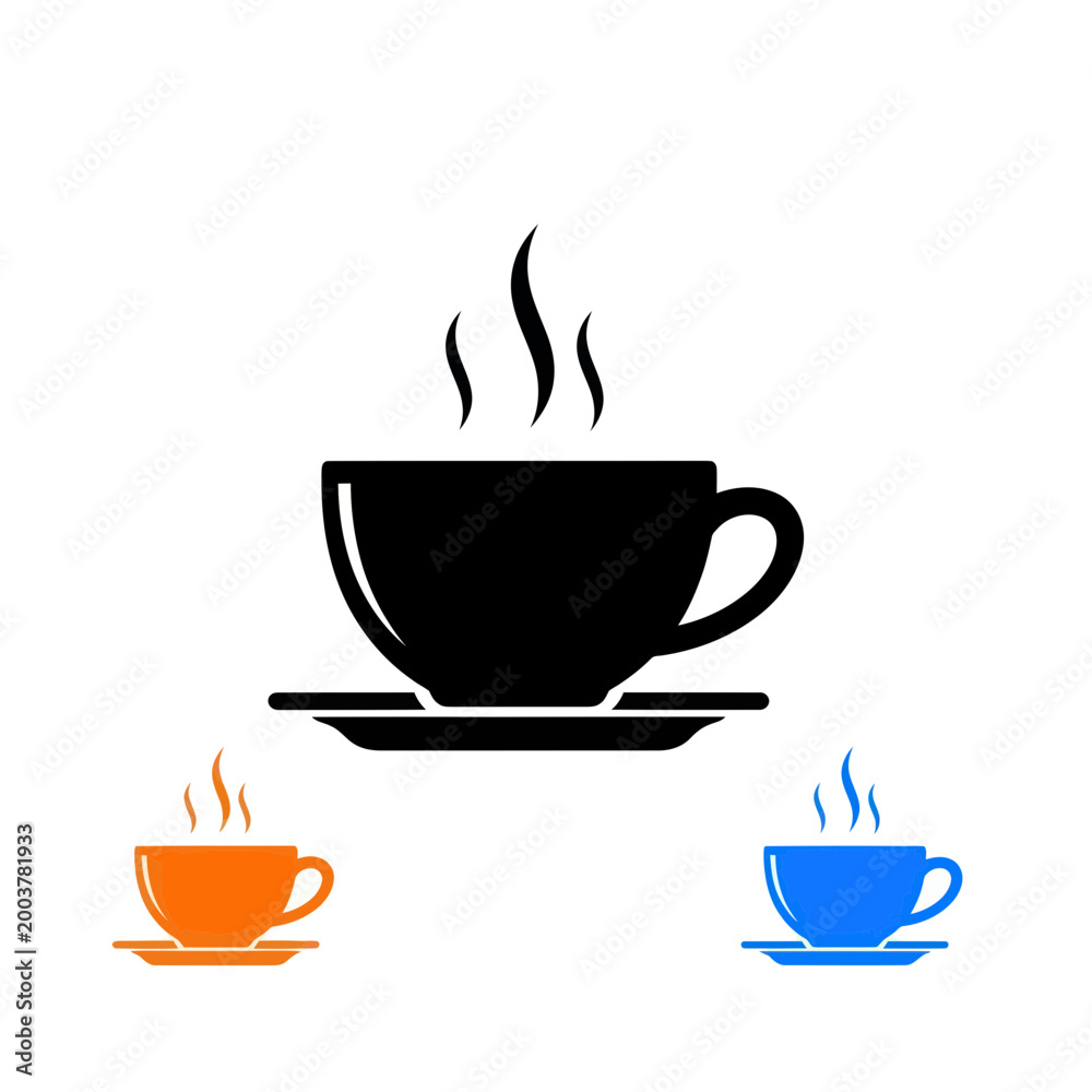 Obraz premium Hot Beverage Icon Set: Black, Orange, Blue Coffee Cups with Steam